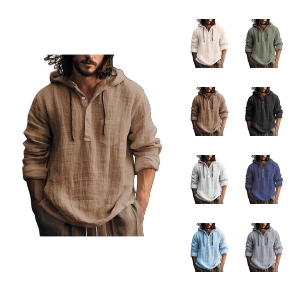Cotton Linen Hooded Shirts for Men Long Sleeve Lightweight Breathable Pullover Shirts with Hood and Drawstring