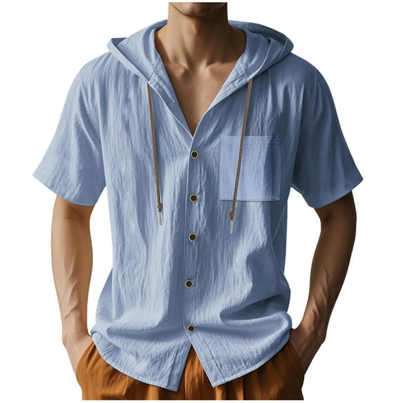 Cotton Linen Hoodie For Mens Summer Ultra Soft Loose Fit Textured Tee Shirts Front Buckle Blosues Pure Basic Tunic Tops Lounge Breathable Blouse Beach Gym Workout Casual Outfits With Pockets