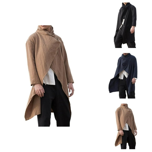 Cotton Linen Irregular Cloak for Men Long Sleeve Loose Poncho Cape Coat Long Jacket Cardigan Outwear Trench Coat