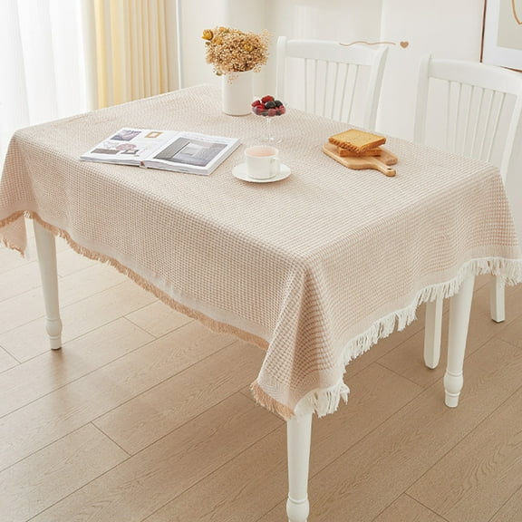 Cotton Linen Jacquard Waffle Rectangle Tablecloth for Rectangular Tables, Boho Farmhouse Fringe Decorative Table Cloth, Dust Proof Table Cover for Kitchen Dining Picnic Wedding, 35.4 x 59 Inch