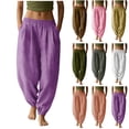 thumbnail image 1 of Cotton Linen Joggers for Women Ihhxva Casual with Pockets Elastic Waist Stretch Drawstring Pants Loose Fit Straight Leg Summer Lounge Tapered S-2XL, 1 of 6