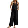 thumbnail image 1 of Cotton Linen Jumpsuits for Women Casual Sleeveless Wide Legs Rompers Solid Color Loose V Neck Overall with Pockets, 1 of 9