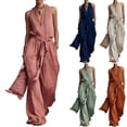 thumbnail image 1 of Cotton Linen Jumpsuits for Women Halter Deep V Neck Casual Rompers Tie Waist Wide Leg Loose Fit Summer Overalls with Pockets, 1 of 5
