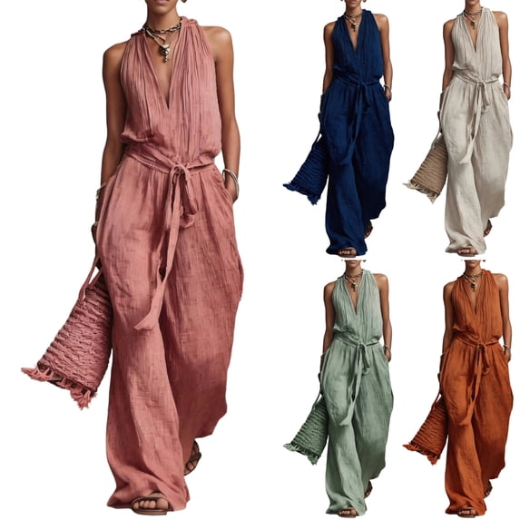 Cotton Linen Jumpsuits for Women Halter Deep V Neck Casual Rompers Tie Waist Wide Leg Loose Fit Summer Overalls with Pockets