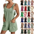 thumbnail image 1 of Cotton Linen Jumpsuits for Women Tie Knot Strap Romper Sleeveless Short Pants Wide Leg Jumpsuit Overalls with Pockets, 1 of 6