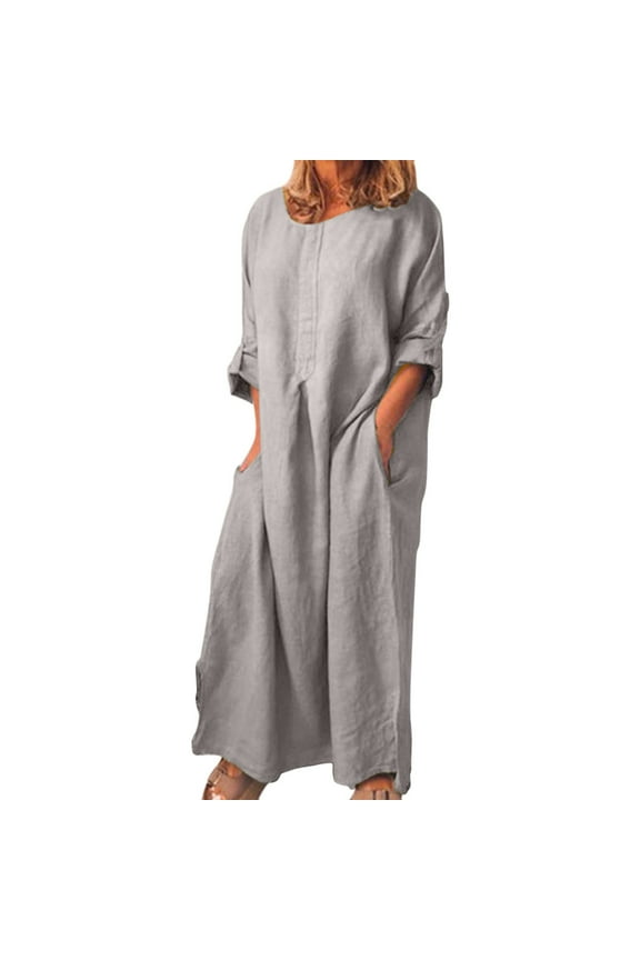Cotton Linen Kaftan Dress for Women Summer Loose Lounge Dress Cozy Homewear Roll-up Long Sleeve Dress with Pocket