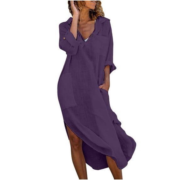 Cotton Linen Long Dresses for Women,2023 Spring Summer Casual Loose 3/4 Sleeve Midi Dress,Trendy Elegant Plain Beach Dress