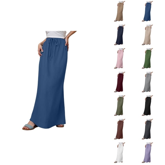 Cotton Linen Long Maxi Skirts for Women Elastic Waist Flowy Wrap Skirt Summer Boho Beach Skirts