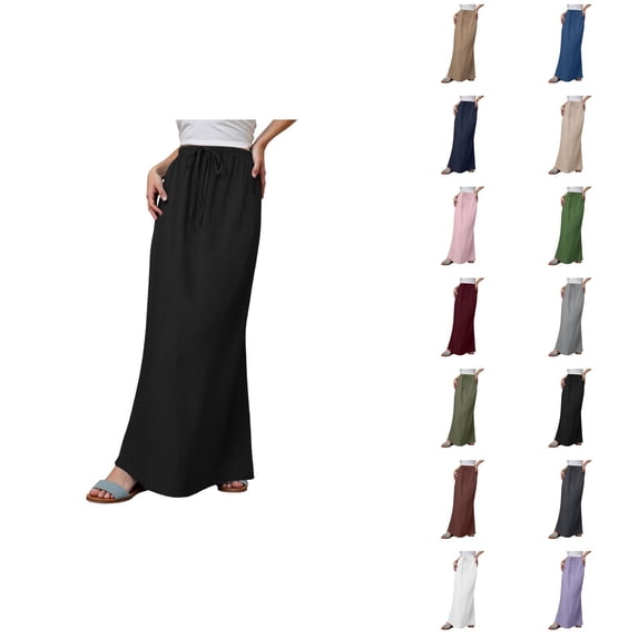 Cotton Linen Long Maxi Skirts for Women Elastic Waist Flowy Wrap Skirt Summer Boho Beach Skirts