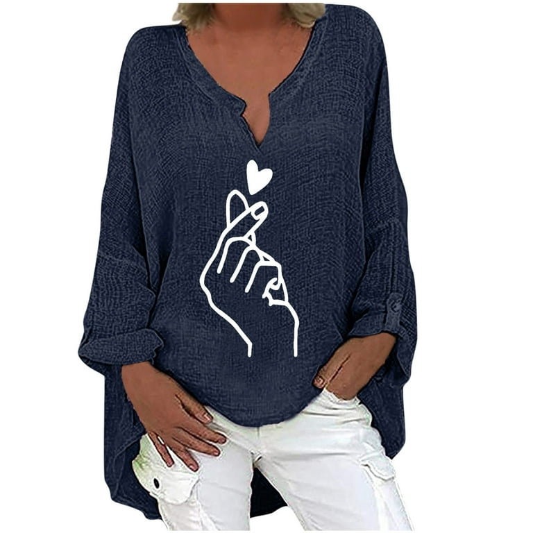Cotton Linen Long Shirt Dressy Tunic Tops to Wear with Leggings Comfy Flowy  Plus Size Tops for Women Long Sleeve Shirts V-Neck Hand Graphic Navy S