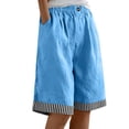 thumbnail image 1 of Cotton Linen Long Shorts for Women Baggy Knee Length Bermuda Shorts Casual Wide Leg Elastic Waist Lounge Shorts with Striped Trim, 1 of 9