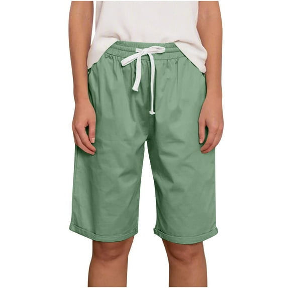 Cotton Linen Long Shorts for Women with Pockets Elastic Waist Drawstring Beach Casual Summer Short Pants (M, Green)