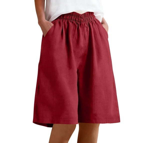 Cotton Linen Long Shorts with Pockets Womens Elastic Waist Loose Lounge Beach Summer Wide Leg Short Knee Length (XL, Red)