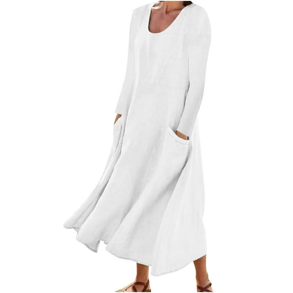 Cotton Linen Long Sleeve Maxi Dress for Women, 2025 New Summer Boho Casual Beach Solid Color Long Dresses with Pockets White XXL