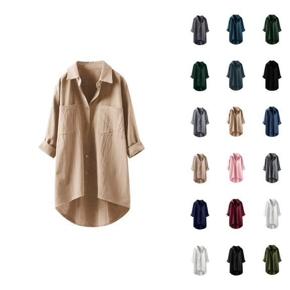 Cotton Linen Long Sleeve Shirts for Women 2025 Button Down Collared Casual Plain Tshirt Shirt Blouse Tops