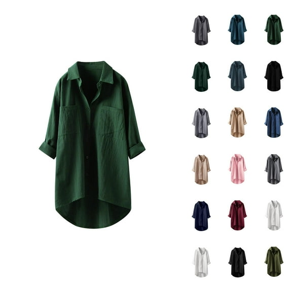Cotton Linen Long Sleeve Shirts for Women 2025 Button Down Collared Casual Plain Tshirt Shirt Blouse Tops