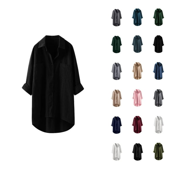 Cotton Linen Long Sleeve Shirts for Women 2025 Button Down Collared Casual Plain Tshirt Shirt Blouse Tops