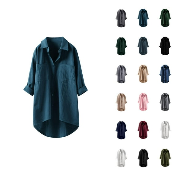 Cotton Linen Long Sleeve Shirts for Women 2025 Button Down Collared Casual Plain Tshirt Shirt Blouse Tops