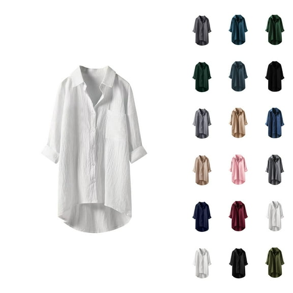 Cotton Linen Long Sleeve Shirts for Women 2025 Button Down Collared Casual Plain Tshirt Shirt Blouse Tops