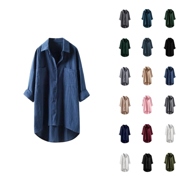 Cotton Linen Long Sleeve Shirts for Women 2025 Button Down Collared Casual Plain Tshirt Shirt Blouse Tops