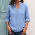 thumbnail image 1 of Cotton Linen Long Sleeve Shirts for Women Solid Color Loose V Neck Tops with Buttons Casual Base Pullover Tees (L, Blue), 1 of 6