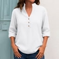 thumbnail image 1 of Cotton Linen Long Sleeve Shirts for Women Solid Color Loose V Neck Tops with Buttons Casual Base Pullover Tees (XL, White), 1 of 6