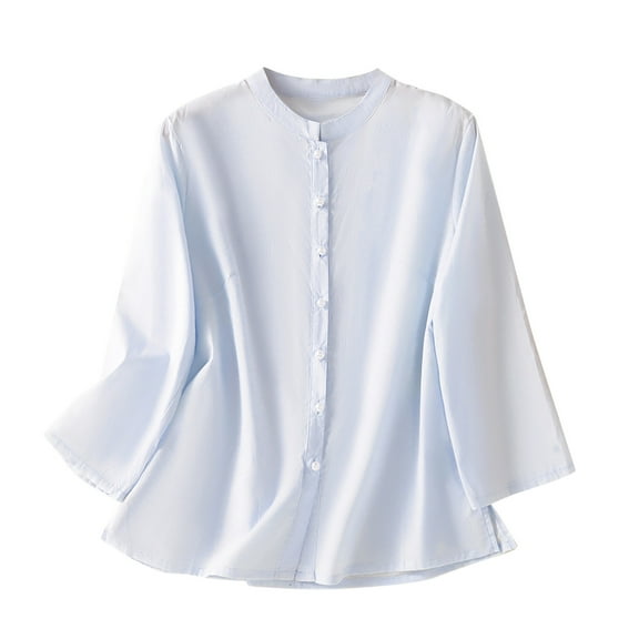 Cotton Linen Long Sleeve Women Shirt Solid Color Mandarin Collar Chinese Frog Button Blouse Vintage Casual Tops Sky Blue L