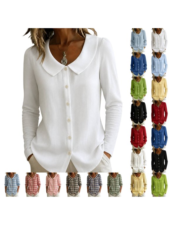 Cotton Linen Long Sleeve Womens Button Down Blouse Peter Pan Collar Casual Shirt Work Puff Cuff Tops White M