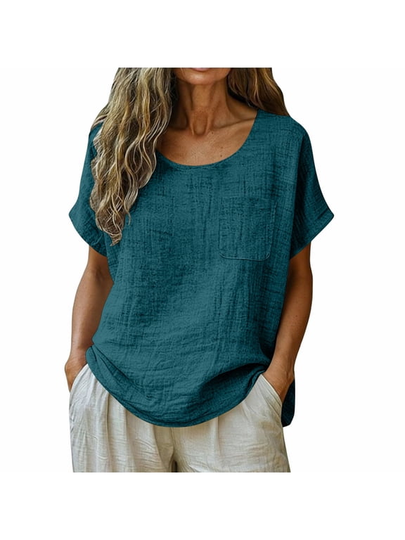 Cotton Linen Loose Blouse with Chest Pocket for Women Round Neck Dolman Short Sleeve Spring Summer Casual Tops for Everyday Wear S-3XL Plus Size