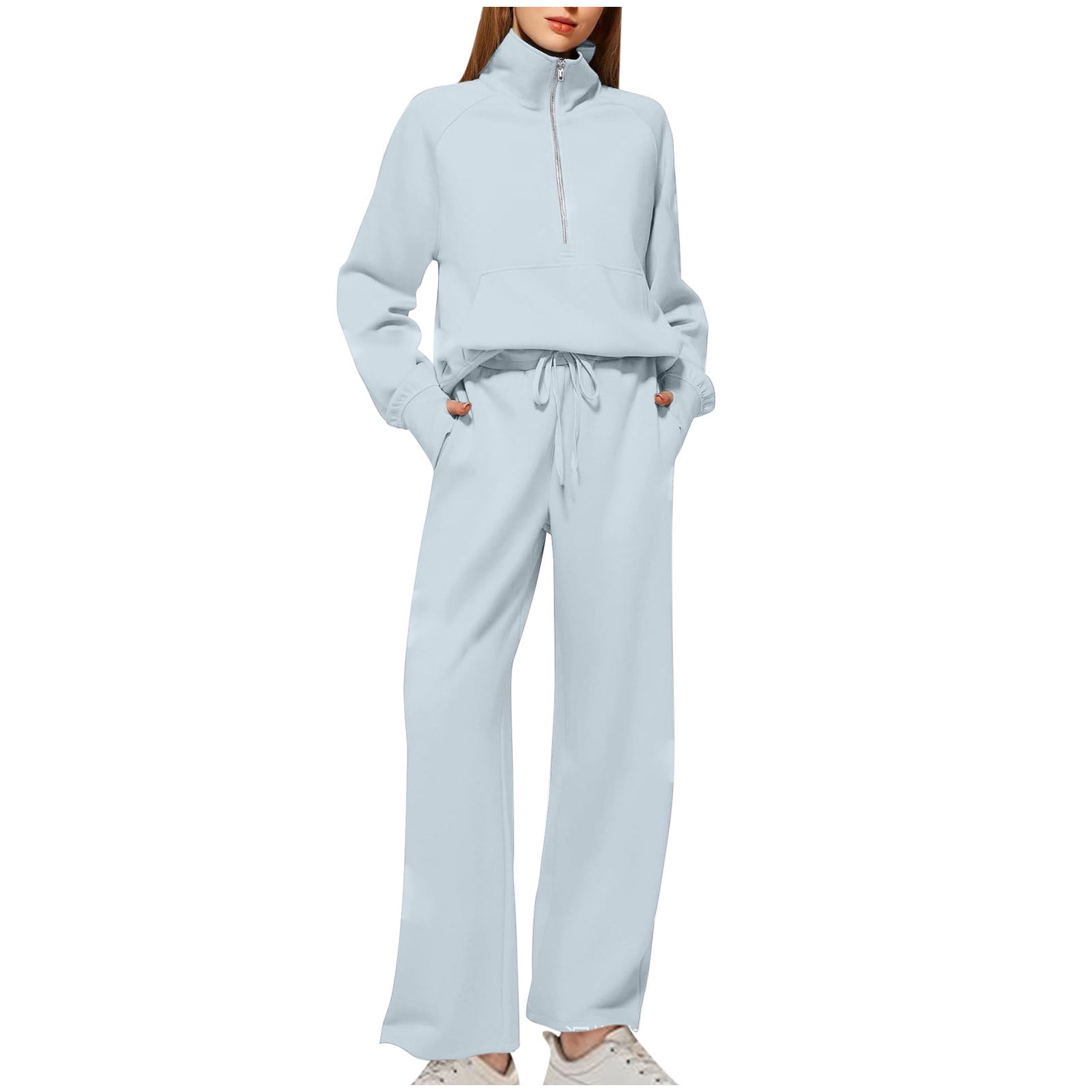 Cotton Linen Lounge Sets for Women 2 Piece Solid Color 2 Piece Outfits Set for Women Women's Solid Color Casual Zipper Long Sleeved Pants Wide Leg Set