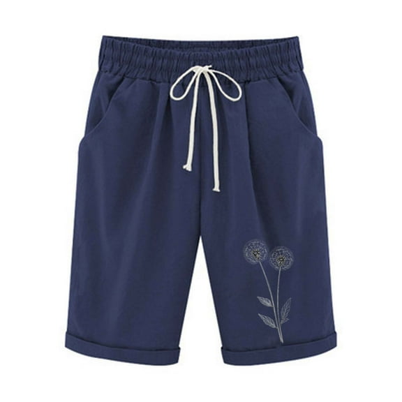 Cotton Linen Lounge Shorts - Women's High Rise Loose with Dandelion Print, Casual Athletic Summer Shorts with Pocket