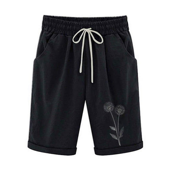 Cotton Linen Lounge Shorts - Women's High Rise Loose with Dandelion Print, Casual Athletic Summer Shorts with Pocket