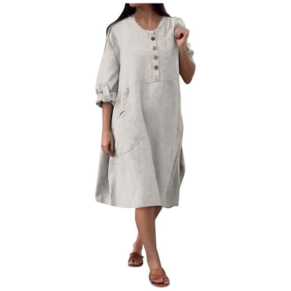 Cotton Linen Maxi Dress for Women Long Sleeve Button Down Kaftan Dresses Oversized Loose Casual Lounge Dress