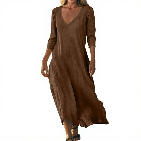 Cotton Linen Maxi Dresses For Womens 3/4 Sleeve Mid-Calf Dress Casual Loose V-Neck Summer A Line Linen Long Dress