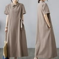 thumbnail image 1 of Cotton Linen Maxi Dresses for Women, Short Sleeve T-Shirt Dress with Pockets, Button V-Neck Flowy Solid Color Dressy Dresses Womens Plus Size Summer Dresses Khaki L, 1 of 7