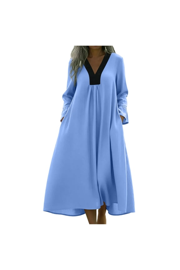 Cotton Linen Maxi Dresses for Women Summer Colorblock V Neck Fuffle Long Sleeve Swing Casual Dress with Pockets