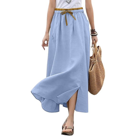 Cotton Linen Maxi Skirt, High Waisted Flowy Long Skirt with Side Slit, Casual Elastic Waist Drawstring Midi Skirt, Solid Color