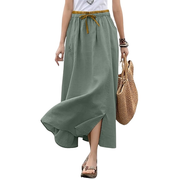 Cotton Linen Maxi Skirt, High Waisted Flowy Long Skirt with Side Slit, Casual Elastic Waist Drawstring Midi Skirt, Solid Color