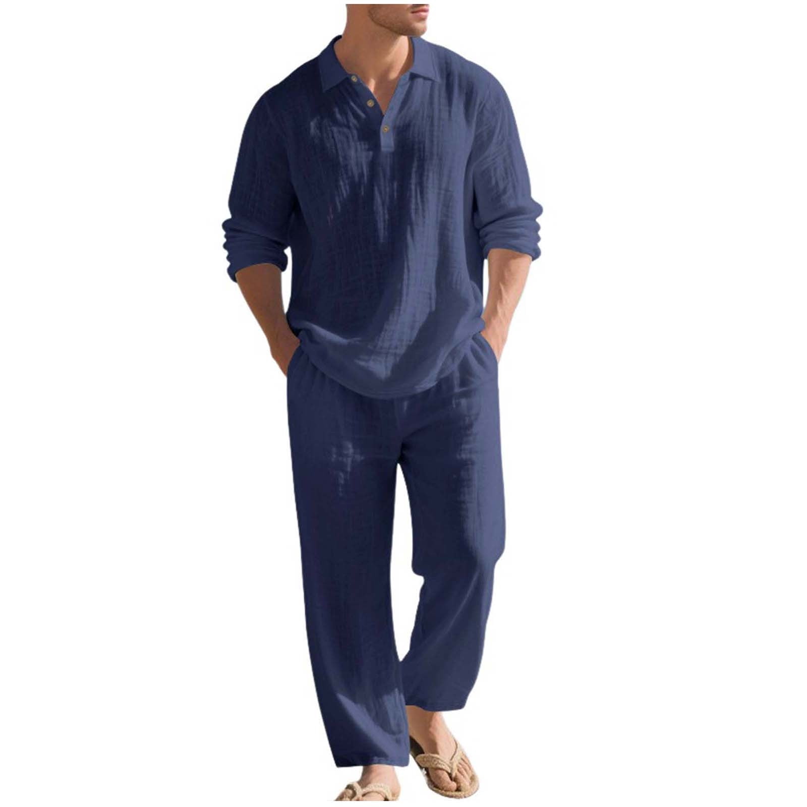 Cotton Linen Men 2 Peice Outfit Sets Flip Collar Long Sleeves Shirt Conjunto ropa algodón hombres 2 piezas