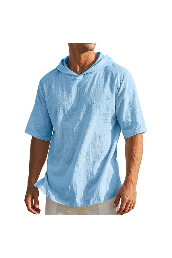 Cotton Linen Mens Shirt Hoodie Pullover Short Sleeve Breathable Lightweight Summer Beach Tops Fathers Gift