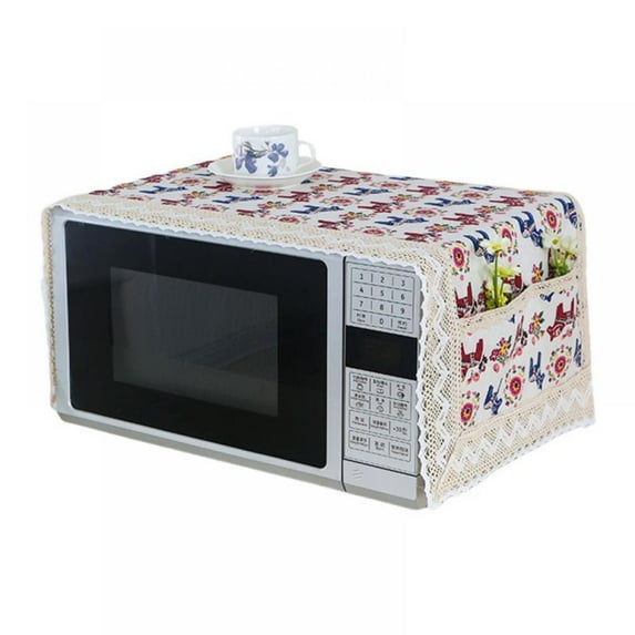Cotton Linen Microwave Oven Cover Dust Proof Cloth with Storage Pockets Kitchen Toaster Appliance Protector