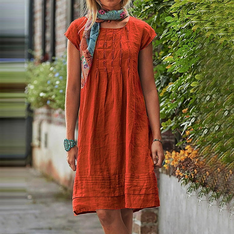 Cotton Linen Midi Dress Loose Short Sleeve Solid Color Beach