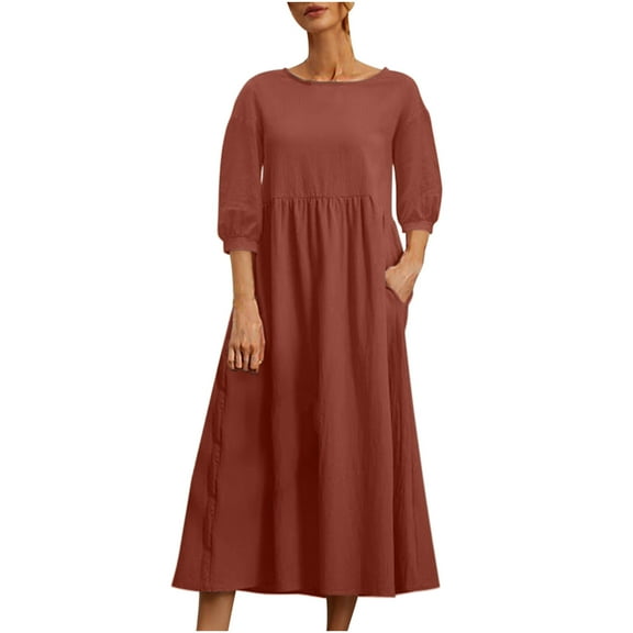 Cotton Linen Midi Dress for Women Boat Neck Mid Sleeve Lounge Dress with Pockets Loose-Fit Solid Color Mid Length Dress