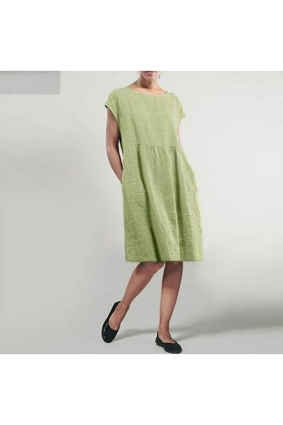 Cotton Linen Midi Dresses for Women, Summer Sleeveless O-Neck Dress Solid Baggy Kaftan Swing Dresses With Pocket