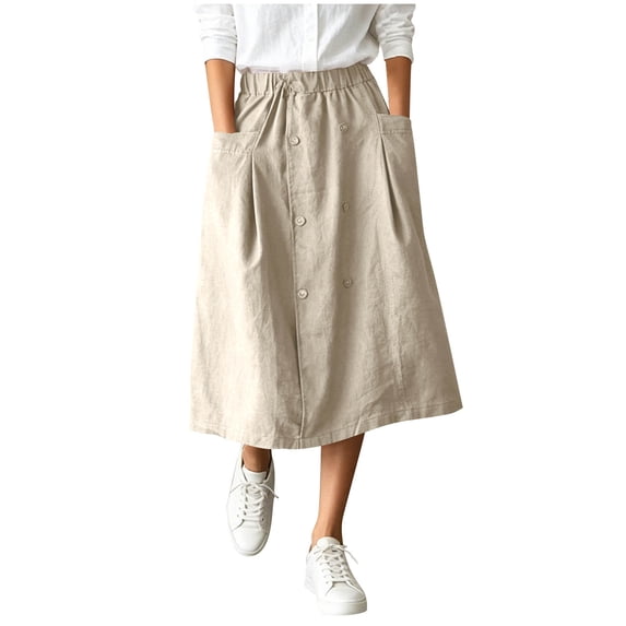 Cotton Linen Midi Skirts For Women Elastic Waist Button Detail A-Line Skirt Summer Casual Lounge Vacation Skirts With Pockets