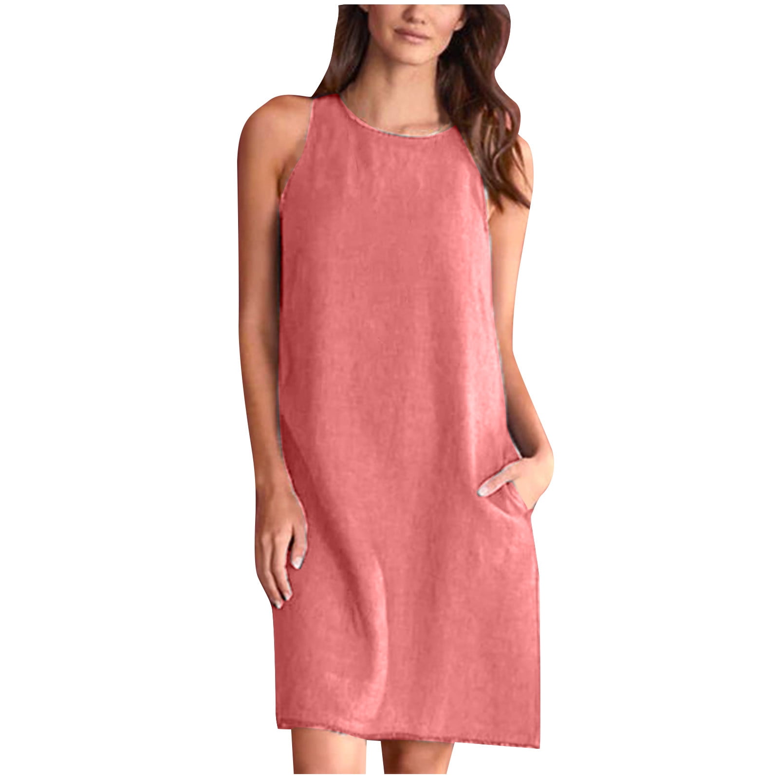 Cotton Linen Mini Dress Women Casual Summer Dresses with Pockets Crew Neck Tank Dress for