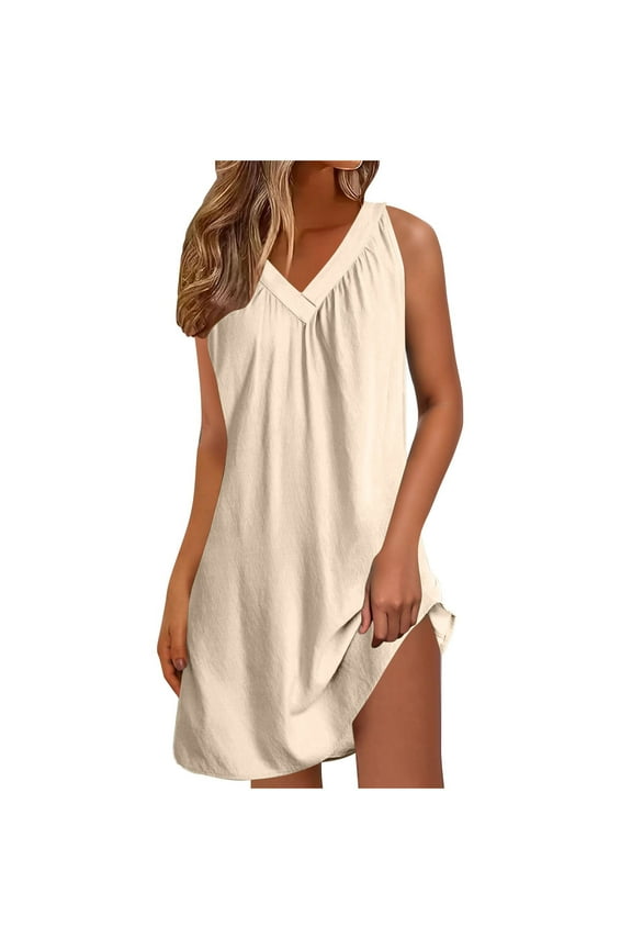 Cotton Linen Nightgowns for Women Summer Lightweight Comfy Sleeveless Mini Night Gowns Loose Fit V Neck Sleep Shirts