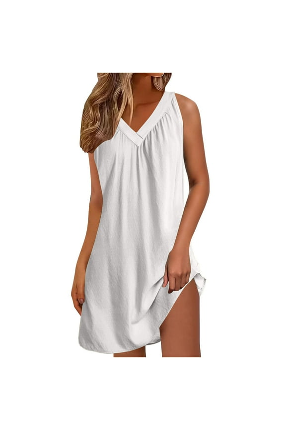 Cotton Linen Nightgowns for Women Summer Lightweight Comfy Sleeveless Mini Night Gowns Loose Fit V Neck Sleep Shirts