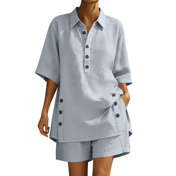 Cotton Linen Outfits For Women 2 Piece Lapel Short Sleeve Button T Shirts Elastic Waist Shorts Casual Loose Sets (XL, Gray)