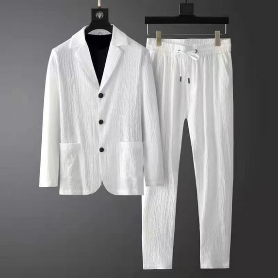 Cotton Linen Outfits Sets for Men Long Sleeve Button Lapel Shirts Casual Drawstring Pants Solid Color Two Piece Set Casual Suit